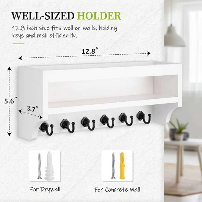 Nekon Key Holder Wall Mount, 12.8" W x 5.6" H x 3.7" D Wall Mounted Key and Mail Organizer with 6 Key Hooks, Key Racks for Home Entryway Decor (White)
