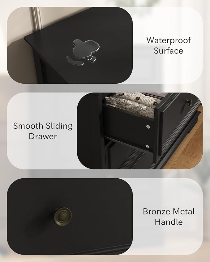 Black 5 Drawer Dresser for Bedroom, 44" Tall Dresser with Metal Handle, Modern Chest of Drawers for Closet Organizer, Farmhouse Wood Dressers for Bedroom, Living Room, Hallway
