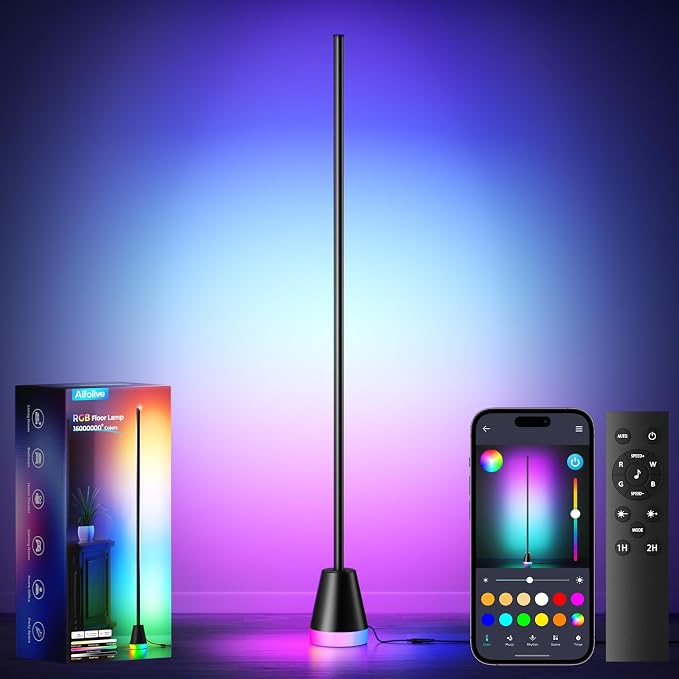 Corner Floor Lamp, Smart RGB Lamps for Living Room Bedroom, APP & Remote Control Tall Standing LED Lights, 16 Million DIY Colors Modern Ambient Lighting with Music Sync & Timer, Jet Black