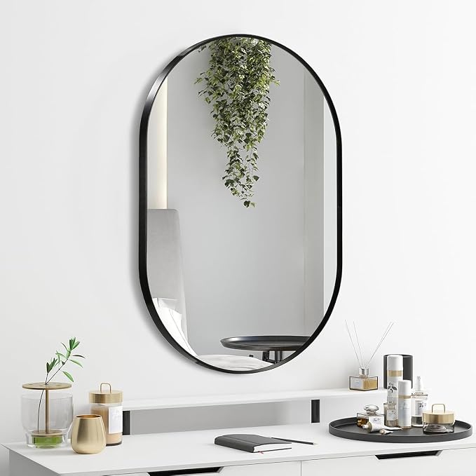 Black Oval Mirror, 26"x38" Oval Bathroom Mirror, Vanity Mirror with Brushed Metal Frame, Wall Mount Mirrors Decor for Bathroom, Bedroom, Entryway, Living Room(Hangs Horizontally or Vertically)