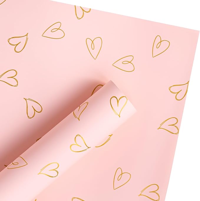 WRAPAHOLIC 20 Sheets Flower Wrapping Paper - 22.8 x 22.8 inch Gold and Pink Love Design Water-Resistant Floral Bouquet Wrapping Paper, Florist Supplies Packaging for Wedding Birthday Gift DIY