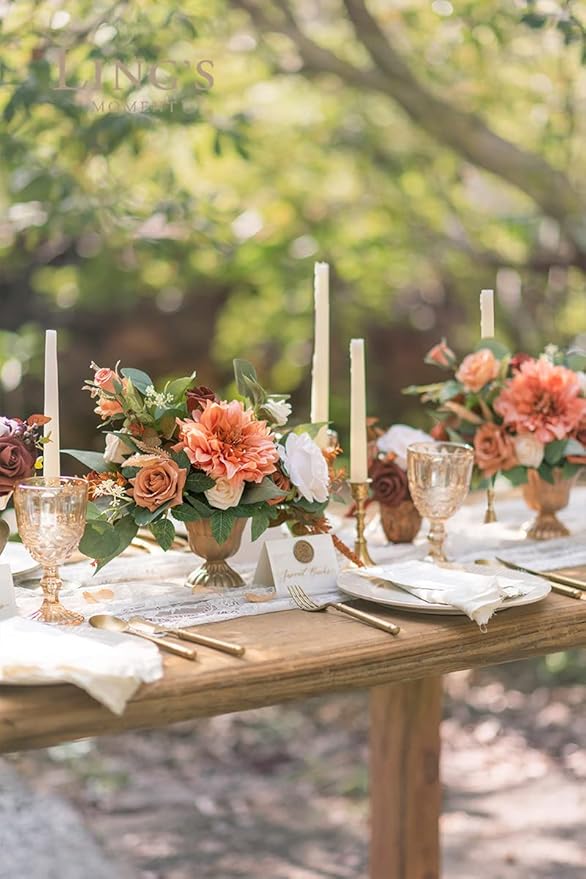 Ling's moment Terracotta Artificial Flowers with Vase Wedding Table Decor Bouquet Centerpiece Flower Potted for Ceremony Reception Desk Flowers Mantel Archway Aisle, Orange Fake Flowers Set of 2
