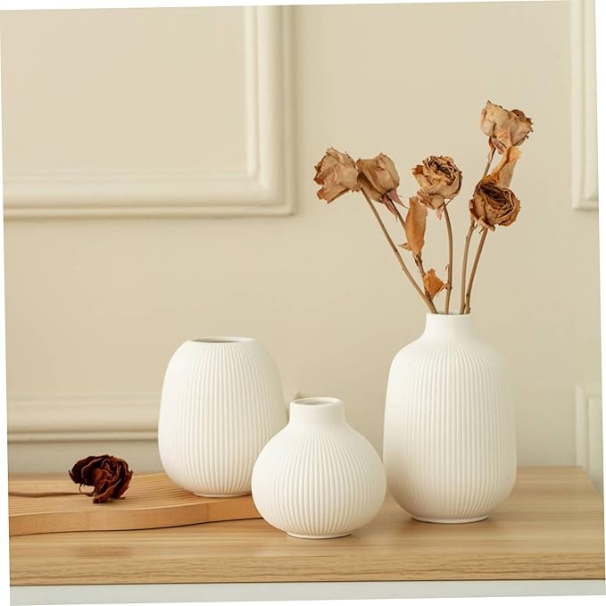 3Pcs Ceramic Vases, Ribbed Vase Set, Minimalist White Home Decor for Farmhouse, Coffee Table, Bookshelf Ceramic Vase