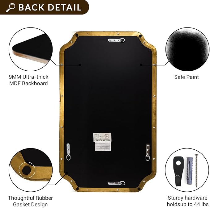 ANDY STAR 24"x48" Large Bathroom Mirror, Brushed Gold Rectangle Mirror, Scalloped Mirror for Bathroom in Anti-Rust Stainless Steel Metal Frame 1" Deep, Hangs Vertically/Horizontally