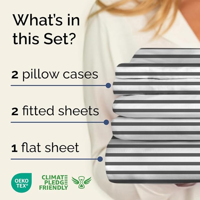 Striped Sheets - Grey Striped Sheets - 1 Flat & 2 Fitted & 2 Pillowcases w/ Deep Pockets – Wrinkle & Fade Free - Ultra-Soft, Breathable and Cooling – Luxury Pinstripe Bedding - Split King Size Bed Set