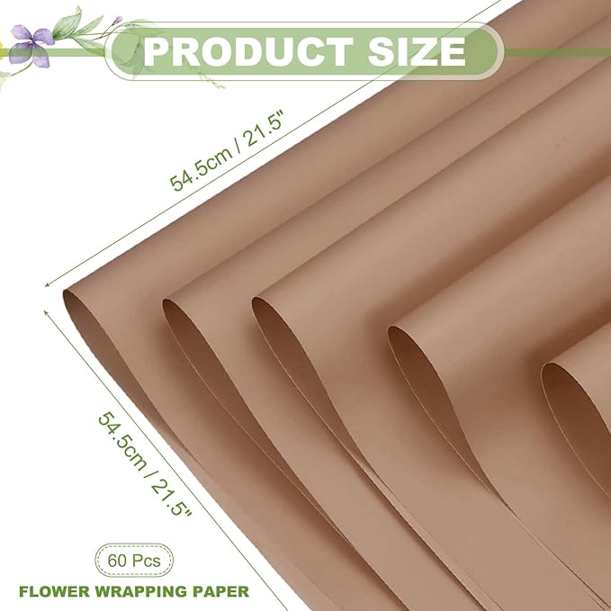 uxcell 60 Sheets Flower Wrapping Paper, 21.5" x 21.5" Waterproof Floral Bouquet Wrapping Papers Florist Supplies for Wedding Party Gift Packaging DIY Crafts, Light Brown