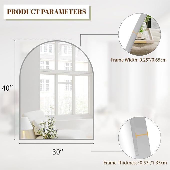 BEAUTYPEAK 30"x40" Arch Bathroom Mirror, Wall Mounted Vanity Metal Frame Mirror for Bedroom, Entryway, Living Room, Silver