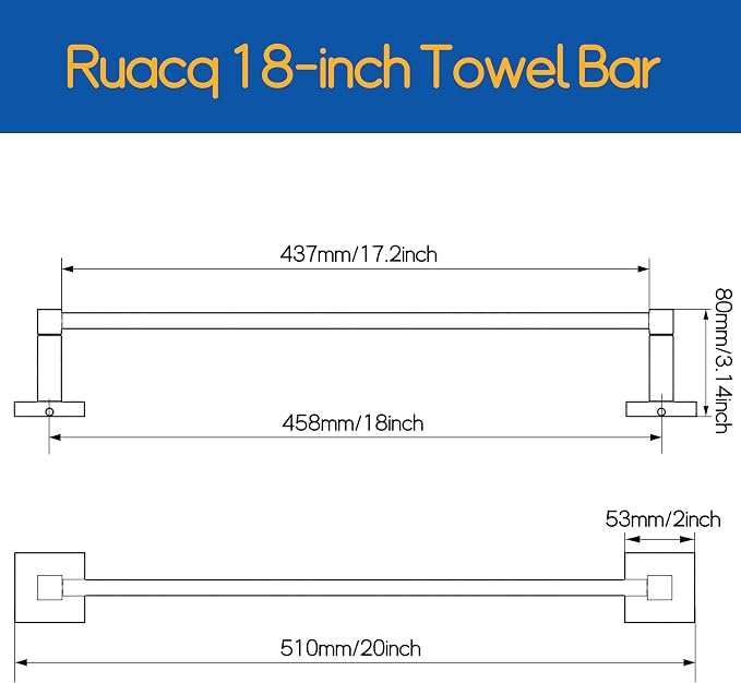 RUACQ Black Towel Bar 18 inch, 304 Stainless Steel Towel Racks for Bathroom Wall Mounted, Heavy Duty Bath Towel Rod with Square Base(Matte Black)