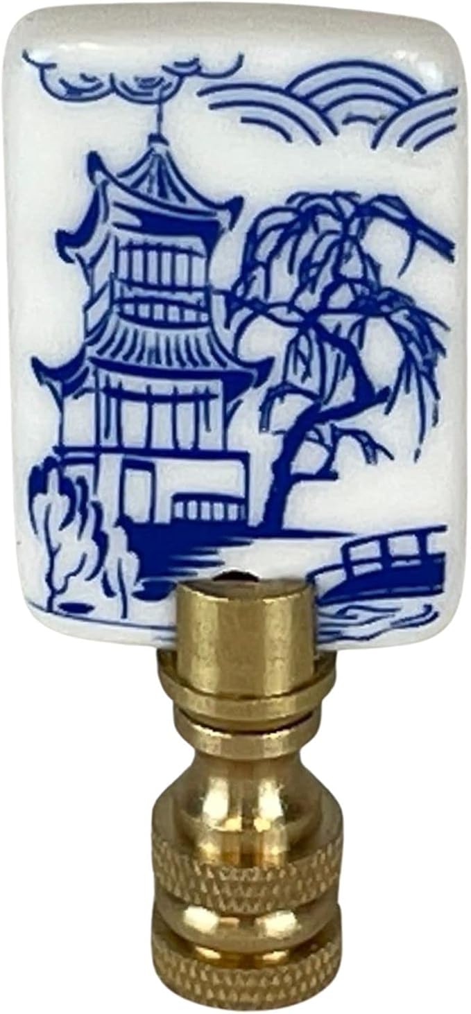 Royal Designs, Inc. Blue & White Porcelain Chinese Garden Design Finial for Lamp Shade, Polished Brass