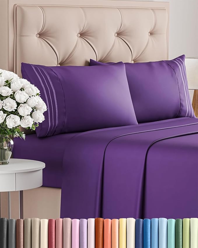 Cal King Size 4 Piece Sheet Set - Comfy Breathable & Cooling Bed Sheets Set - Hotel Luxury Bedding for Women, Men, Kids, Teens, Boys & Girls - Deep Pockets, Soft and Wrinkle Free - Oeko-Tex - Purple