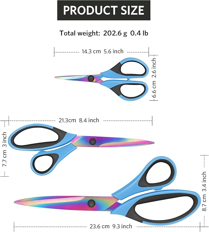Uaugulft Sewing Shears for Fabric Cutting, Sharp Titanium Blades, Soft Grip Handle, Multi-Purpose Scissors Set of 3 Suitable for Families, Crafting, Office, and School Use, Blue/Black