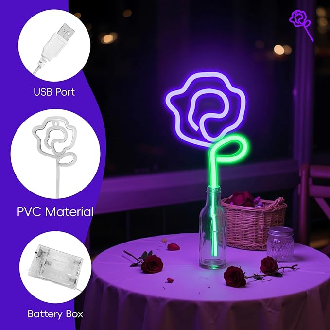 Neon Purple Rose Sign - purple rose Flower with Green Stem Neon Light USB or 3-AA Battery Powered for Girls Room Birthday Party Wedding Lighted Flower Wall Decor (Purple)
