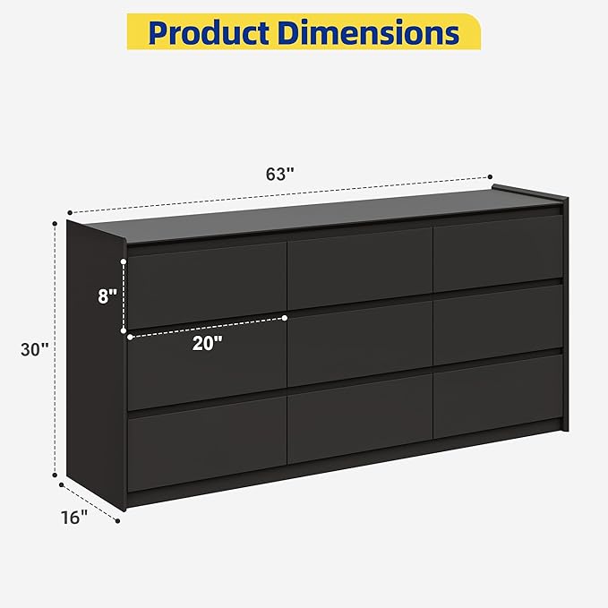 Black Dresser for Bedroom, 62" Wide Chest of Drawers, Modern 9 Drawer Storage Organizer for Closet, Hallway, or Living Room