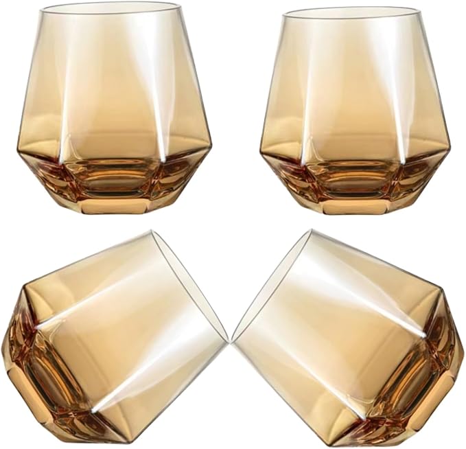 Wine Glasses Set Of 4,Stemless Diamond Shape 10 Oz Amber Christmas Glassware Dishwasher Safe, Spill-Proof Design For Red Wine, Cocktail, Whiskey, Bourbon, for Wine Lovers (Amber)