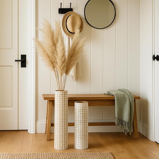 Leewadee Gold Tall Floor Vase, Set of 2 Decorative 24/19″ Large Gold Vases from Metal for Home Decor Living Room, Style with Pampas Grass for Modern, Vintage, Rustic or Farmhouse Room Decor