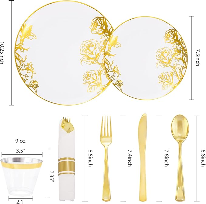 DaYammi 210Pcs White Gold Plastic Plates for Party,Gold Disposable Dinnerware Set Includes 60 gold floral plates,30 plastic Silverware,30 Per Rolled Napkins,30 Plastic Cups for Christmas Party Wedding