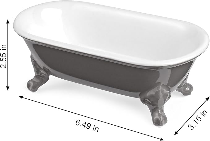 6.5" Ceramic Mini Decorative Clawfoot Bathtub Bar Soap Dish, Kitchen Sponge Holder and Shower Tray for Bathroom, 1 Pack(Stone Gray)