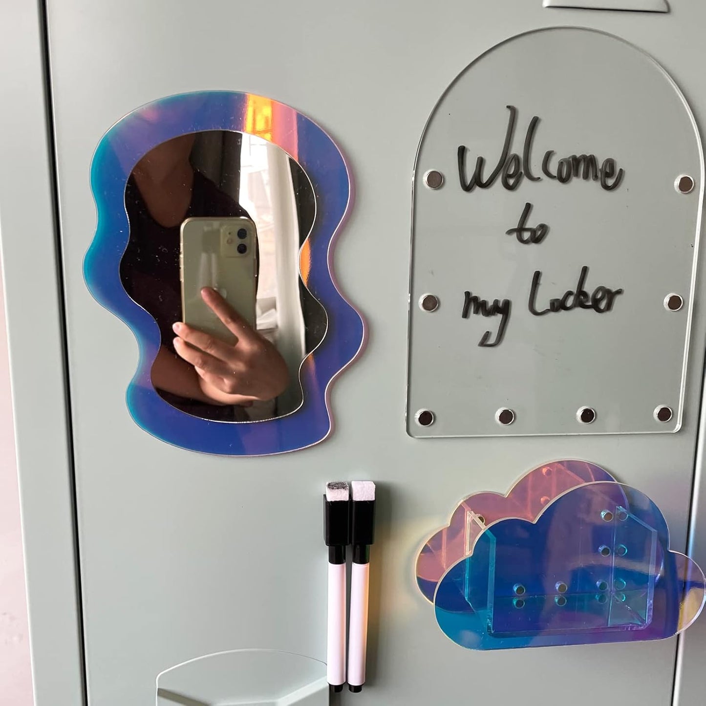 Svartur Iridescent Locker Accessories Set - Magnetic Mirror & Pen Holder | Acrylic Dry Erase Board