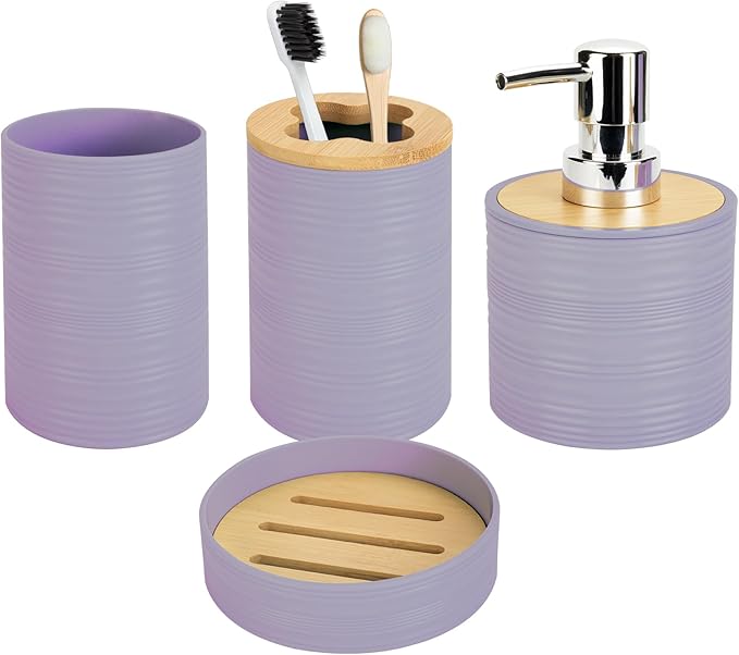 4 PCS Lavender Bathroom Accessories Set, Includes a Soap Dispenser, Toothbrush Holder, Soap Dish and Mouthwash Cup, Plastics & Bamboo Bathroom Set, Bohemian Style Bathroom Sink Set
