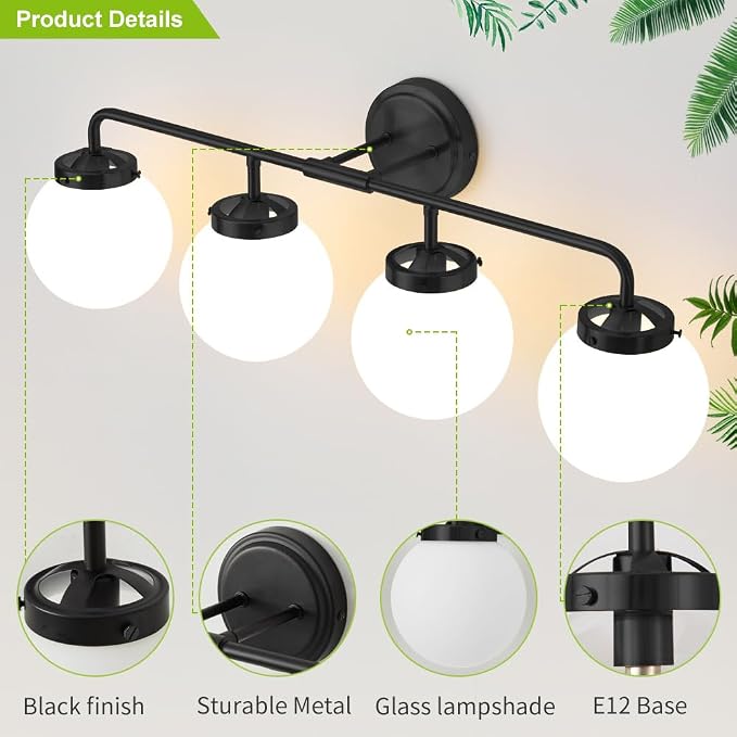 Bathroom Light Fixtures Over Mirror, 4-Light Matte Black Vanity Lighting with Milk White Glass Globe Shades Modern Wall Sconce