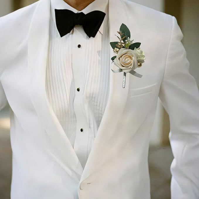 6PCS White Boutonniere for Men, Ivory Boutonniere Pins for Men Groomsmen Guest Boutonniere, Artificial Flowers for Wedding Decor Prom Homecoming