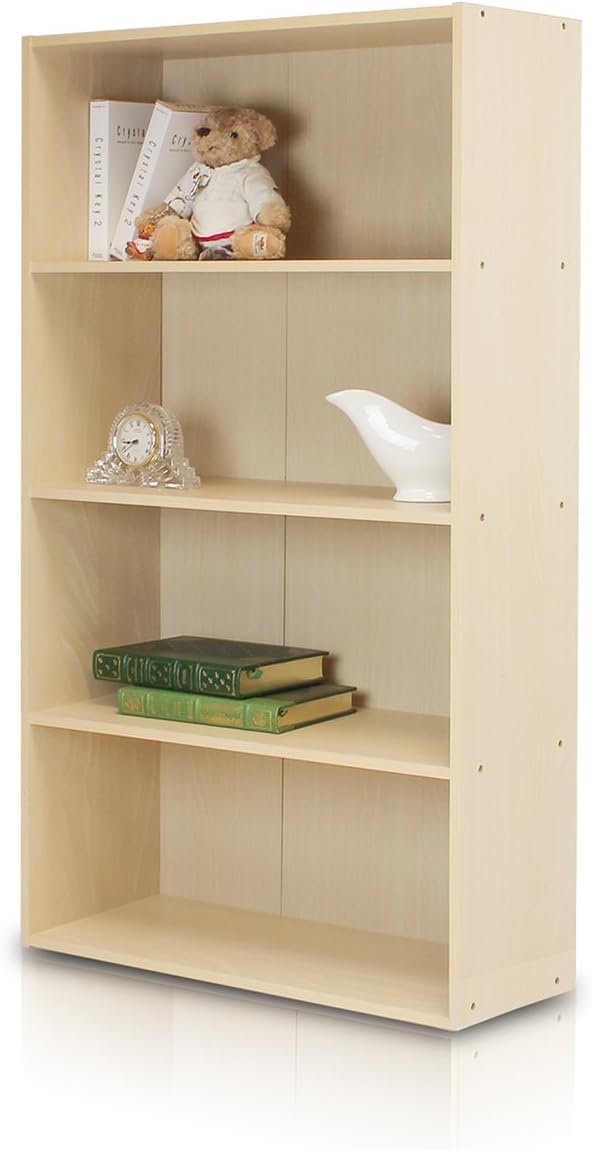 Furinno PASIR Book Shelf, 4-Tier Bookshelf, Bookcase with Open Shelf, 9.4 x 23.6 x 41.7, for Living Room, Bedroom, Home Office, Steam Beech