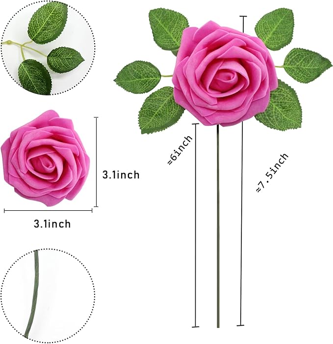 Artificial Roses Flowers 50pcs Real Looking Foam Fake Roses with Stems for DIY Wedding Bouquets Bridal Shower Centerpieces Party Decorations (50, Rose Red)