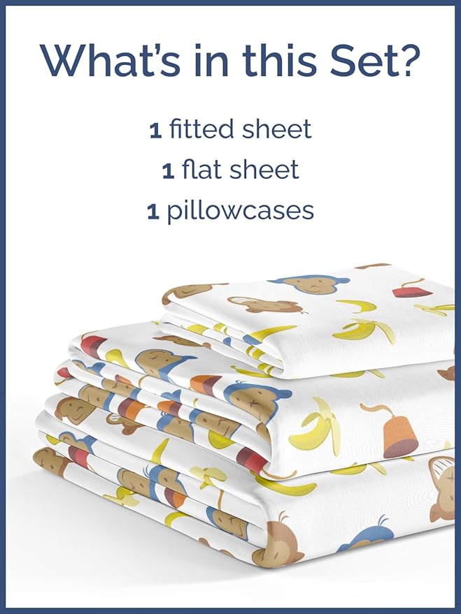 Kids Twin Size Monkey Bed Sheets - 3 Piece Monkey Sheet Set - Cartoon Banana Bedding - Ultra-Soft, Cute & Cozy - Comfy, Breathable & Machine Washable - Animal Bed Set for Boys, Girls, Teens & Toddlers