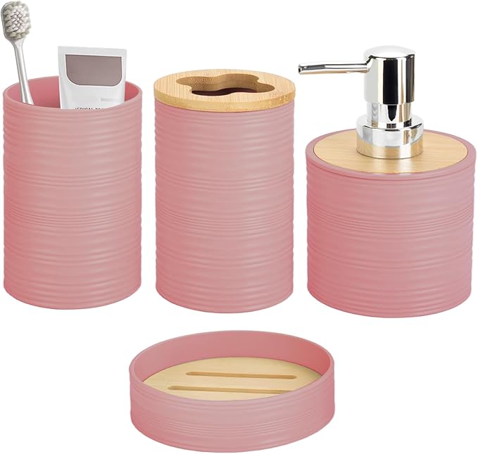 4 Pieces Bamboo Bathroom Accessories Set, Bathroom Accessory Set with Soap Dispenser and Toothbrush Holder, Soap Dish and Toothbrush Cup, Boho Bathroom Decor(LightPink)