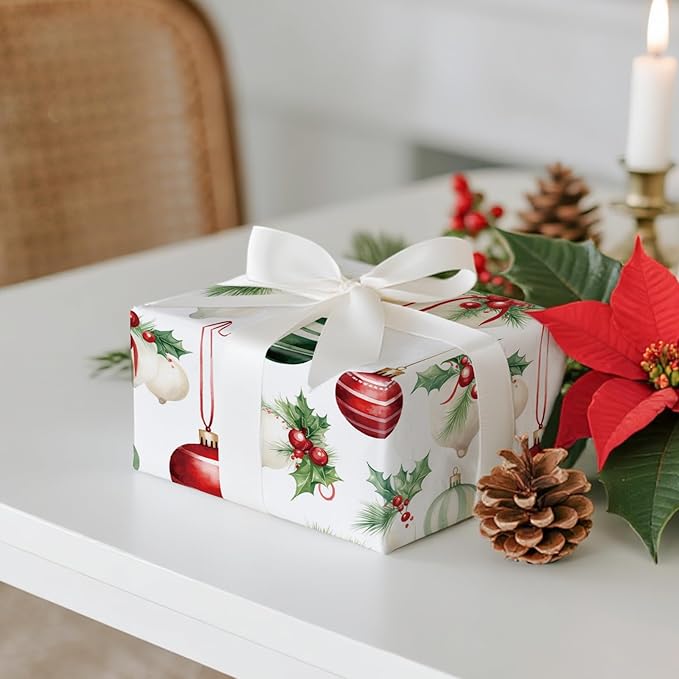 LeZakaa Christmas Wrapping Paper Roll – 17 in x 16.4 ft Gift Wrap with Red & Green Ornaments, Holly & Bells Holiday Design for Christmas Presents & Party Gifts