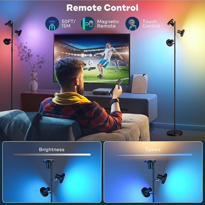 SIBRILLE RGB Floor Lamp, 36W Bright LED Standing Lamp with 3 Swivel Lights, Color Changing Tree Tall Lamp with Remote, Stepless Dimmable Modern Floor Lamps for Living Room, Bedroom, Gaming Room,Office