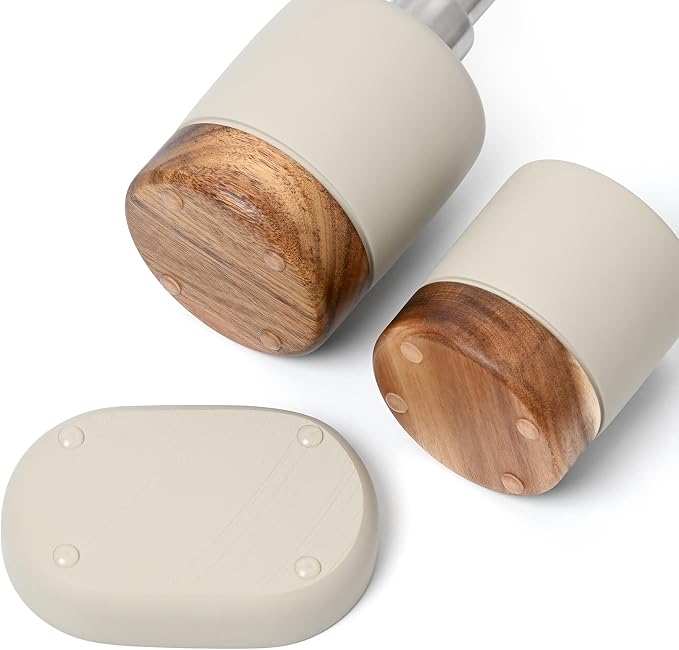 Bathroom Accessories Set 3 Piece Bath Ensemble Includes Soap Dispenser, Tumbler, Dish for Decorative Countertop & Housewarming Gift (Concrete with Acacia Wood)