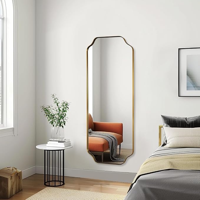 ANDY STAR 18" x 48" Full Length Wall Mirror, Large Brushed Gold Bathroom Mirror for Wall, Scalloped Corner Rectangle Body Mirror for Floor and Leaning
