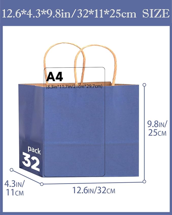 qiqee 13"x4.5"x10" Large Gift Bag with Handles Bulk 32PCS Gift Paper Bags Deep Blue Bags Multiple Uses (Wide Large)
