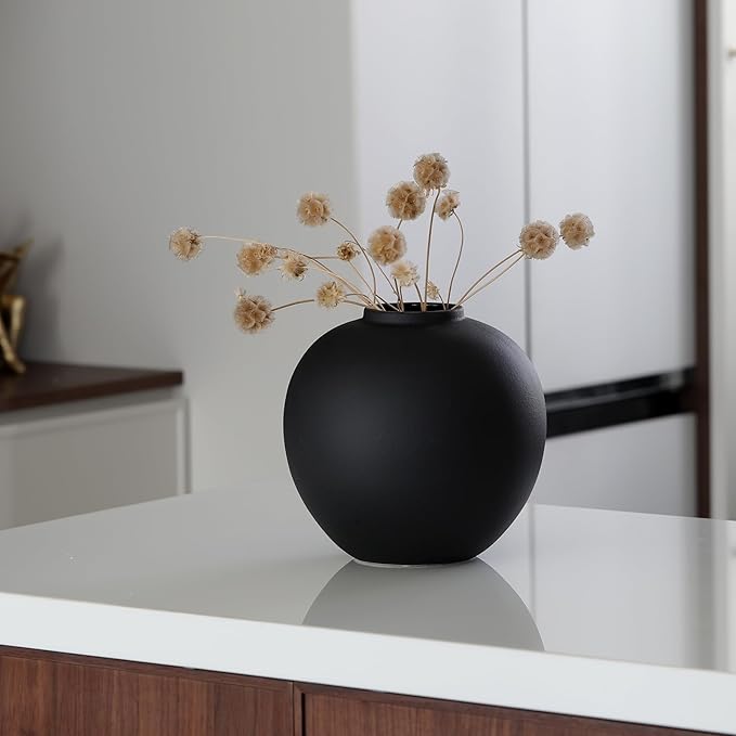 Large Black Ceramic Flower Vase,Decorative Jar Flower Vase, Decorative Jar Modern Centerpiece Table Decorations,Rustic Ceramic vases for Home Decor Dining Room(Black, 0614)