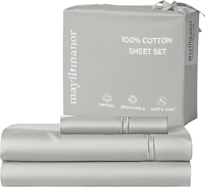 100% Natural Cotton Bed Sheets | 500 TC Single-Ply Sateen Weave Twin XL Sheets | Soft, Breathable, Hypoallergenic Solid 3-Piece Bedding with Deep Pocket Fitted, Flat, Pillowcase | Grey