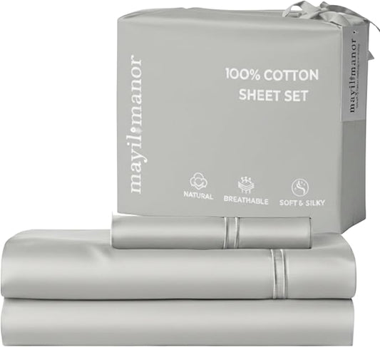 100% Natural Cotton Bed Sheets | 500 TC Single-Ply Sateen Weave Twin XL Sheets | Soft, Breathable, Hypoallergenic Solid 3-Piece Bedding with Deep Pocket Fitted, Flat, Pillowcase | Grey