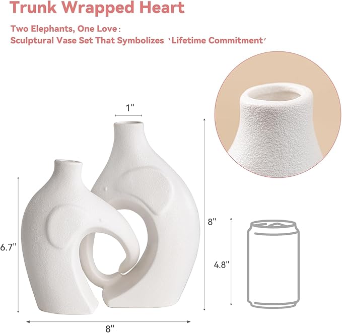 Elephant Couple Vase Set - 2-Piece White Ceramic Vases with Heart-Shaped Trunk Design, Romantic Gifts for Couples, Wedding Gift for Couple, Decorative Vase for Living Room/Dresser