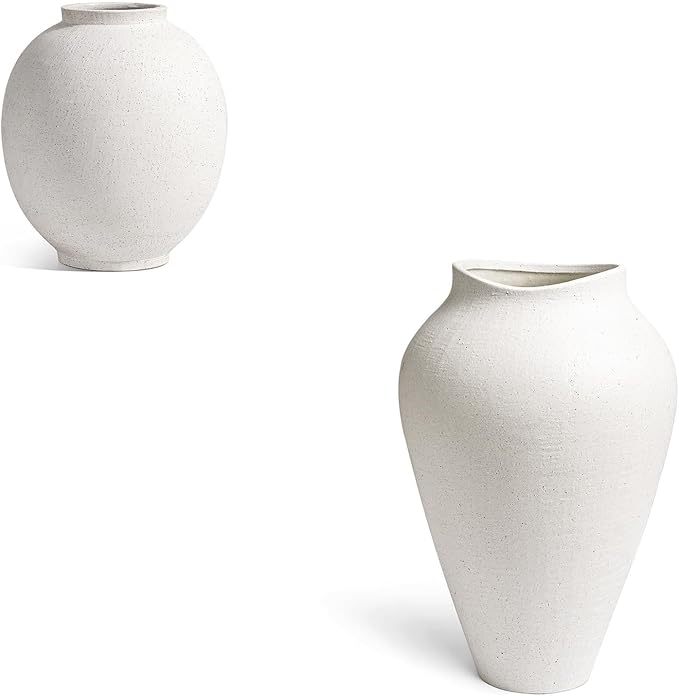 9.8 Inch + 13.6 Inch Ceramic Vase for Centerpieces, Farmhouse Rustic Minimalist Home Decor for Living Room, Enterway, Wedding (Sandstone White)