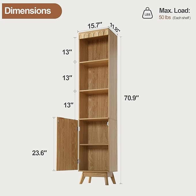 Tall Narrow Bookshelf with Door, Mid Century Modern Bookcase, 71" Slim Storage Cabinet with Adjustable Shelves, Modern Open Display Storage Organizer for Living Room Bathroom Office, Natural
