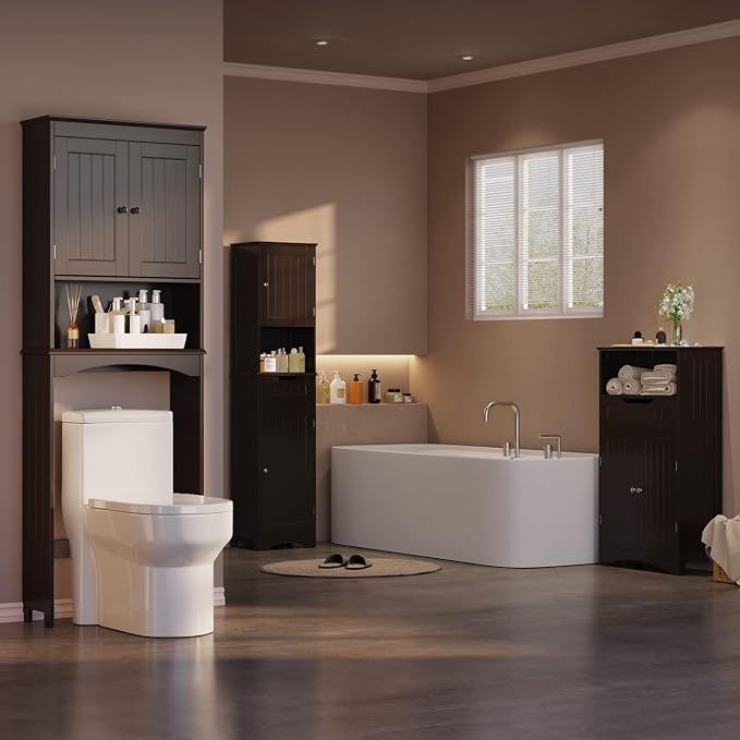 Gizoon Over the Toilet Storage Cabinet with Adjustable Shelf and Double Doors, Bathroom Space Saver Organizer Above Toilet with Open Shelf, Taller Wooden Free Standing Toilet Rack -Espresso