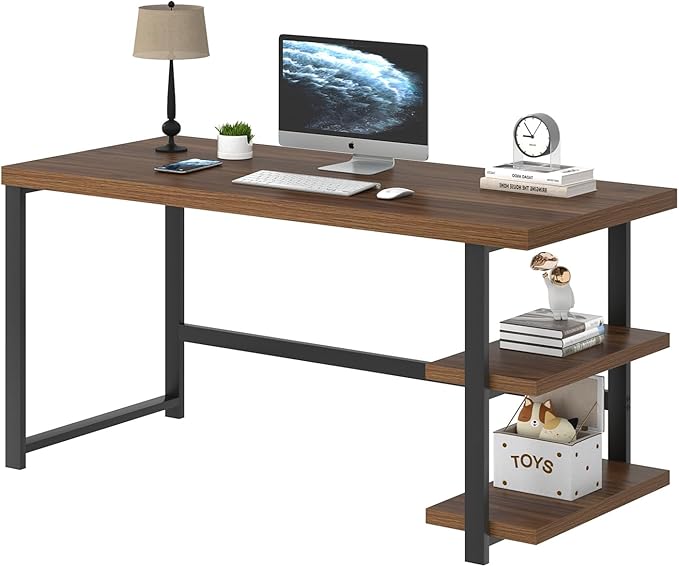 FOLUBAN Modern Computer Desk, Wood Home Office Desk, Study Writing Gaming Table Workstation with Storage Shelves for Living Room Bedroom, Rustic Walnut, 53 Inch