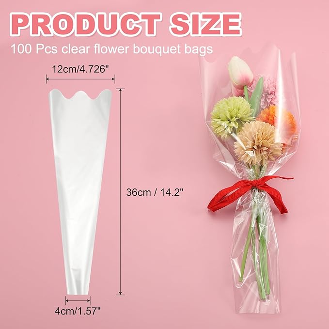 YELARXI Clear Flower Wrapping Bags, Transparent Flower Packaging Bag Waterproof Durable Bouquet Sleeves - Fitting for (Florists/Floral Arrangements Supplies), 4.7x1.6x14.2 Inch & 100Pcs