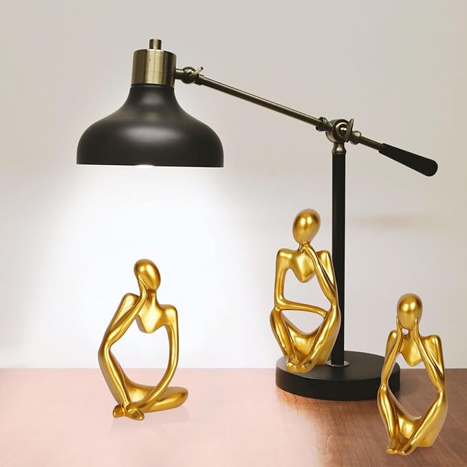 Sandstone Resin Thinker Style Abstract Sculpture Statue Collectible Figurines Home Office Bookshelf Desktop Decor (Small Gold, 3pcs)