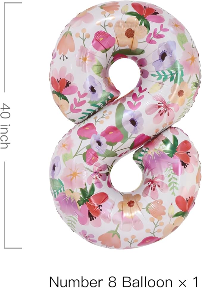 Flower Balloons 40 Inch Floral Number 8 Balloon for 8th Birthday Garden Party Decorations Eight Year Old Photo Props Foil Number 8