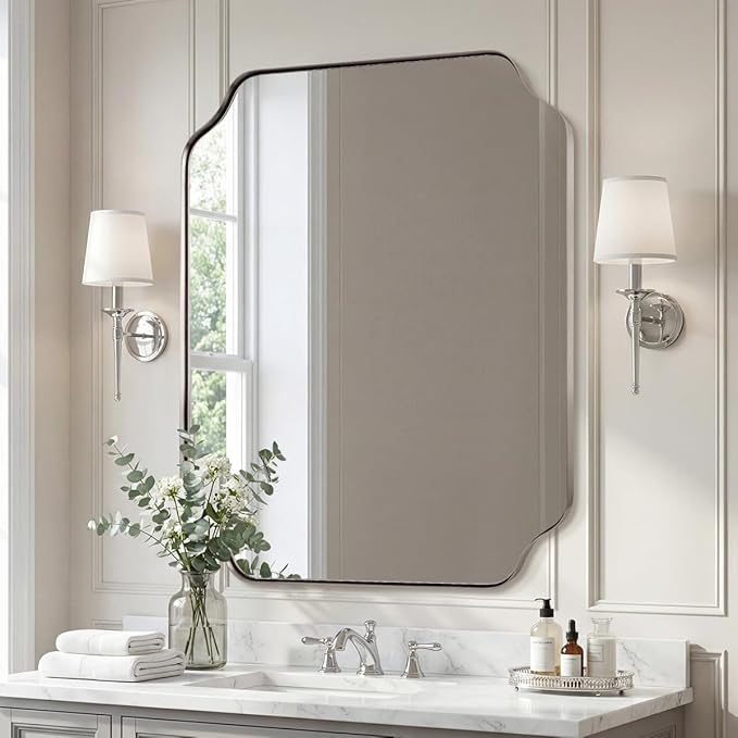 ANDY STAR 30x36 Inch Brushed Nickel Mirror, Silver Bathroom Mirror for Over Sink, Rounded Notched Corner Mirror in Anti-Rust Stainless Steel Metal Thin Frame, Wall Mount Vertically or Horizontally