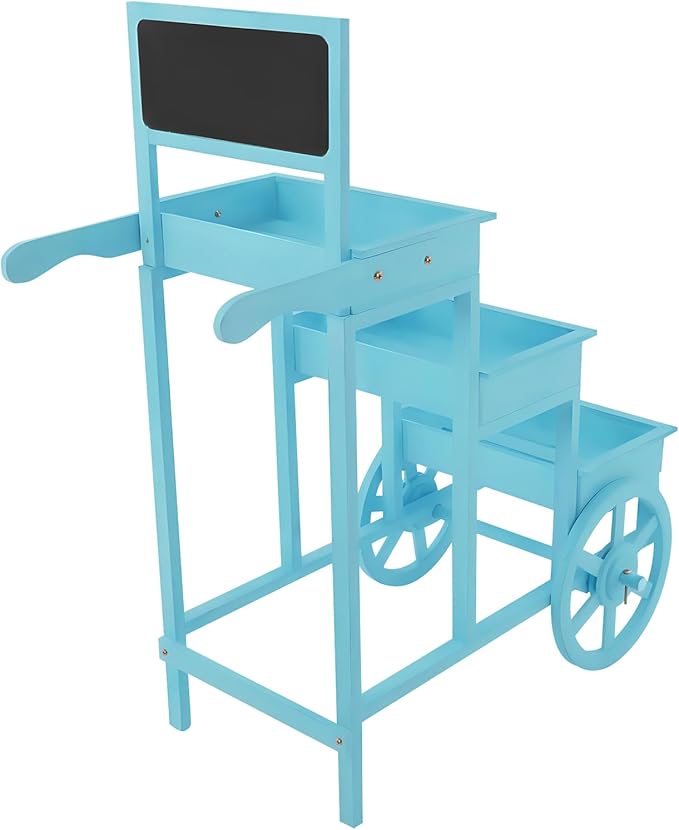 Flower Display Stand | 3-Tier Wood Flower Cart | Flower Cart Display Stand with Wheels | Ladder Shaped Plant stand | Market flower display Stand | Handle & Blackboard (Blue)