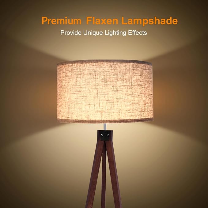 LEPOWER Wood Tripod Floor Lamp, Mid Century Standing Lamp, Modern Design Studying Light for Living Room, Bedroom, Study and Office, Flaxen Lamp Shade with E26 Base Dark Brown
