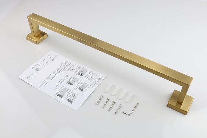 TocTen Bath Towel Rack - Square Base Thicken SUS304 Stainless Steel Towel Bar for Bathroom, Bathroom Accessories Towel Rod Heavy Duty Wall Mounted Towel Holder. (Brushed Gold, 20)