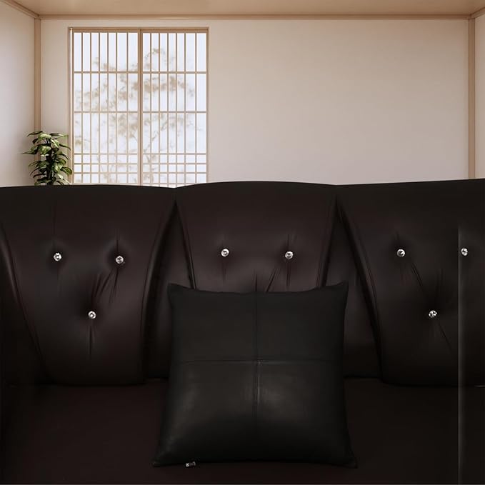 D DOLLY LAMB Lambskin Leather Pillow Cover - Sofa Cushion Case - Decorative Throw Covers for Living Room & Bedroom, 16x16 Inches - Black (02) Pack of 2